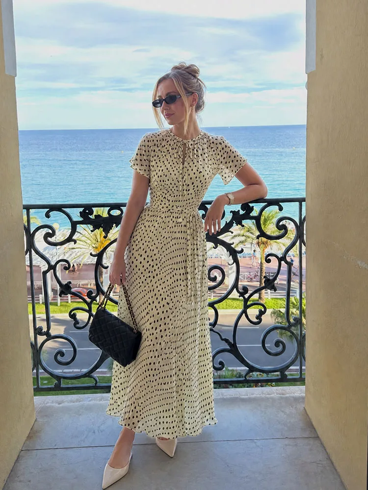 HH Women Summer Vintage Romantic Cream Black Polka Dot Maxi Dress Tie Neck Short Sleeve High Waist Flowy A-Line Long Dress view 2