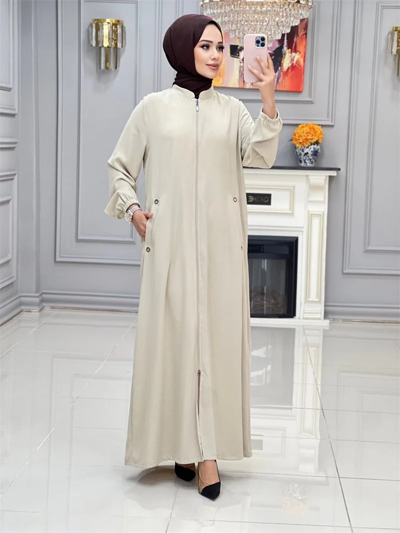 Abaya-Robe longue de soirée musulmane pour femmes, robe de Ramadan, col montant, poche zippée, Educational Largos, Dubaï, Jalabiya, Eid, 2024