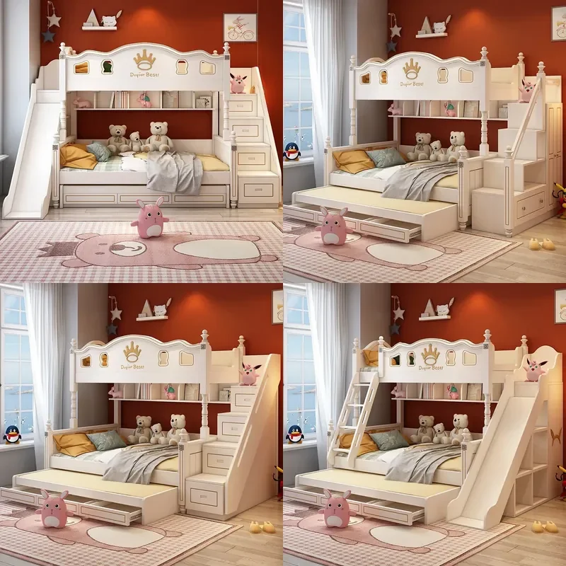 Solid Wood Bunk Bed with Slide Twin Over Full Loft Frame Space Saving Design for Kids Room Small Apartment