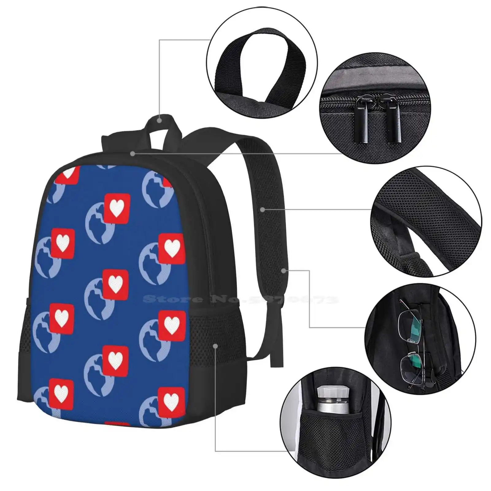 Love Notification 3d Print Design Backpack Student Bag Love Notification Social Planet Globe Heart Icon Sign Inima Red Blue