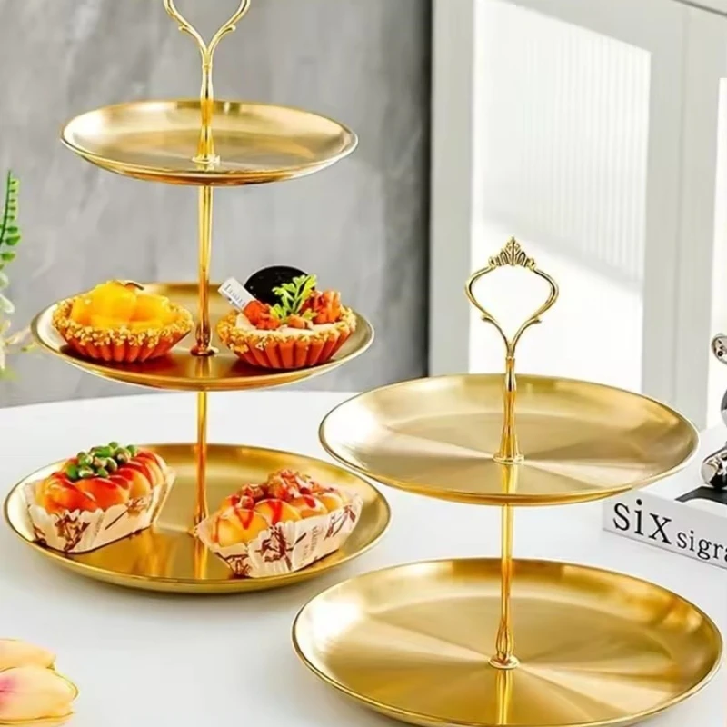 

1pcs Stainless Steel Gold Dessert Tray, Multi-Tier Cake Stand, Cake Plate, Snack Platter, For Tea Party, Birthday, Wedding