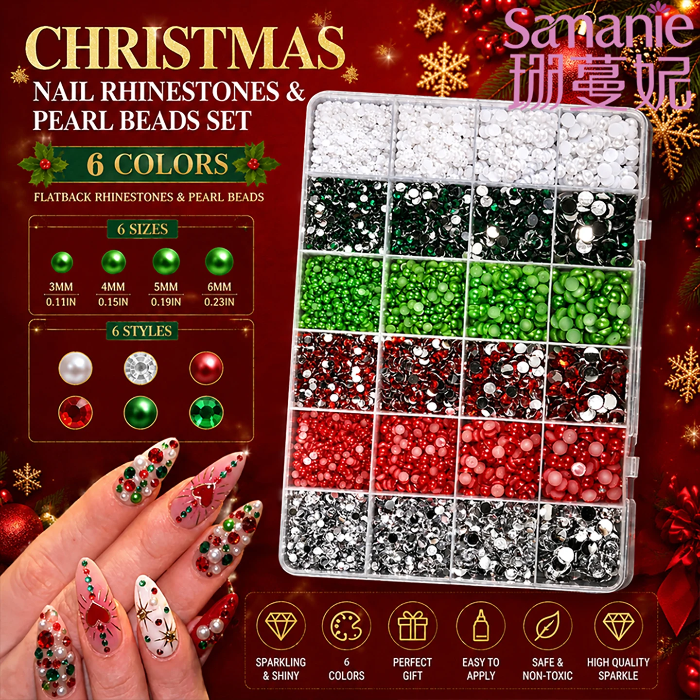 24Grids 3/4/5/6mm Mixed 6 Color Rhinestones Christmas Nail Charm Flatback Drill Crystals 3D Nails DIY Xmas Manicure Decorations