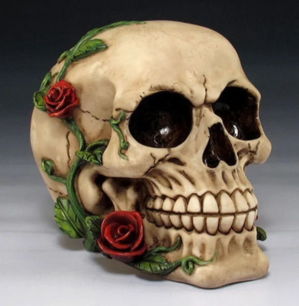 

New fashion Romantic Skull with Red Roses Skeleton Head Halloween Decor Figurine Statue