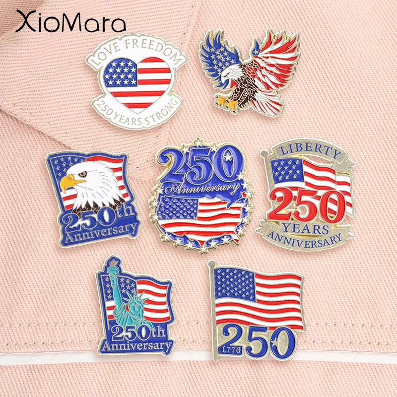 

USA 250th Anniversary Enamel Pins American Flag Bald Eagle Statue of Liberty Independence Day Brooches Lapel Badge Jewelry Gifts