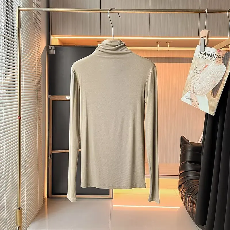 

Maxdutti 2026 Sping Female Clothing French Elegant Champagne Knitted T-shirt Basic Base Turtleneck T-shirt Woman Clothes Tops