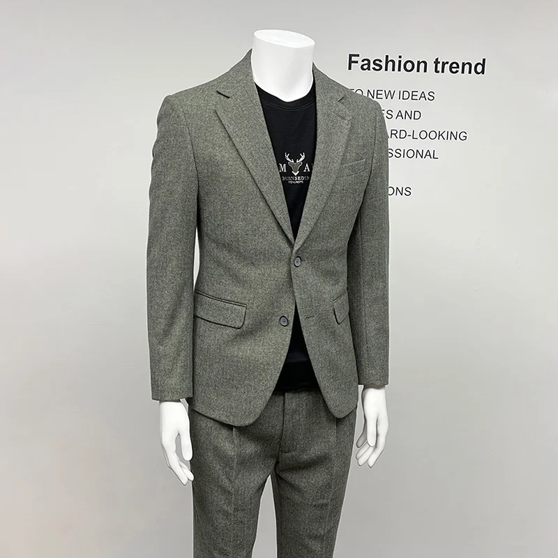 23% Wool Thick Suits Blazer Slim Fit Korea Style Casual Grey Jackets 2 Buttons Fashion Young Man Christmas Wear Men Clothing