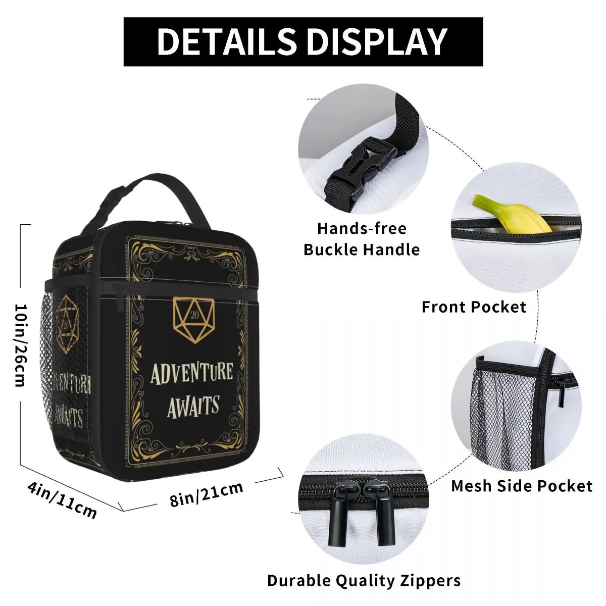 Adventure Awaits D20 Dice Tabletop RPG Insulated Lunch Bag School Cooler Thermal Food Box Tote Leakproof Lunch Boxes Container