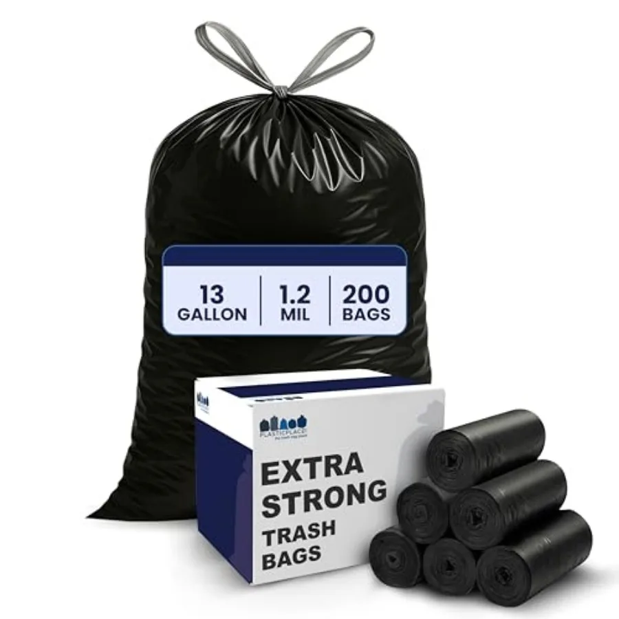 

13 gallon Extra Tall Drawstring Kitchen Trash Bags 1.2 Mil, 24"W x 31"H
