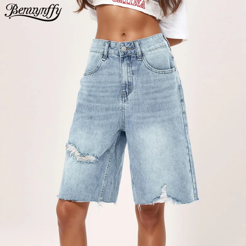 

Benuynffy Bf Style Raw Hem Denim Shorts Women's Streetwear High Waist Hip Hop Loose Ripped Straight Wide Leg Half Shorts Jeans