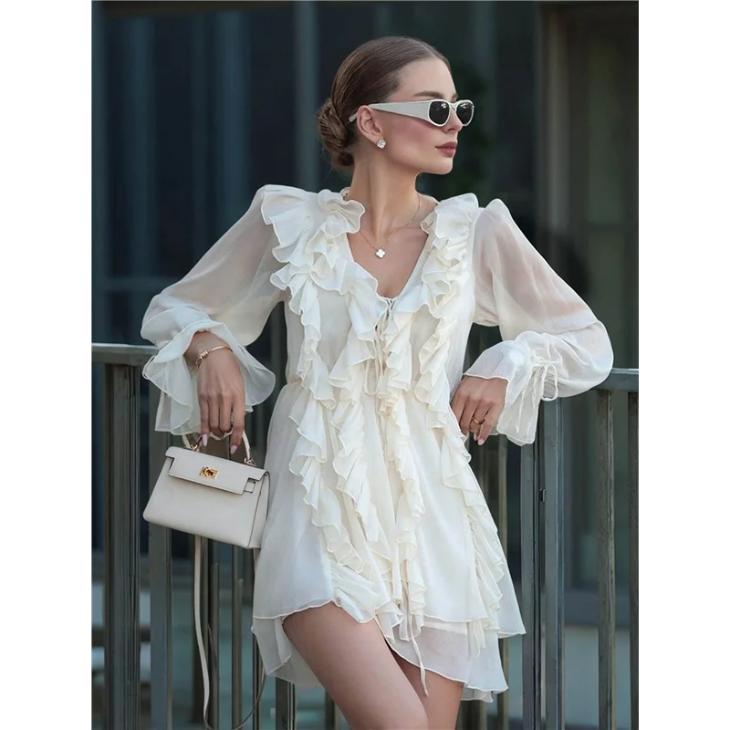 Abiti da sole per donna 2025 Mini abiti Boho Abito casual a maniche lunghe con volant Abiti da cerimonia per le donne