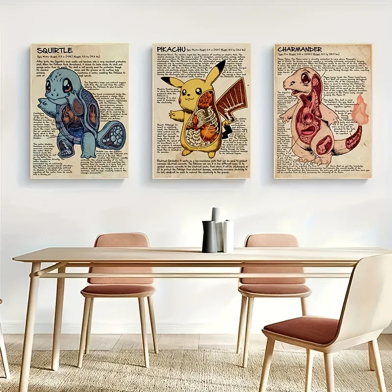 3Pcs Pokemon Poster Retro Pikachu Charmander Squirtle Canvas Painting Japanese Anime Wall Art Wall Decor Bedroom Home Decor