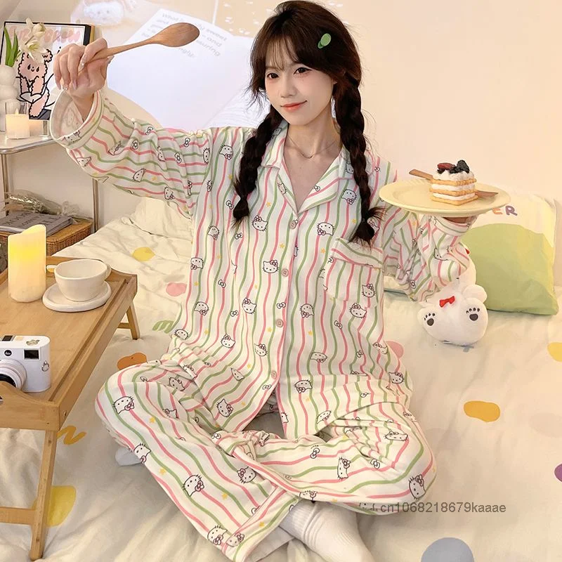 Sanrio Hello Kitty Autumn Winter Colorful Striped Pajamas Cute Print Long Sleeved Pants Velvet Sleepwear Sweet Y2k Girl Home Set