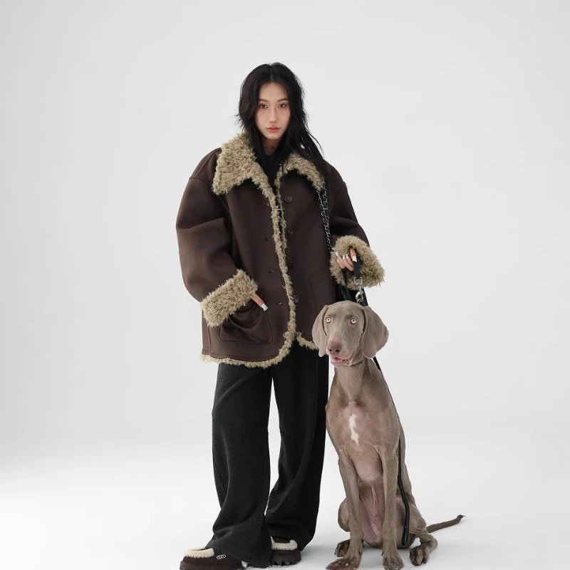 Leather and Fur Plush Coats Loose Brown Mid Lapel Faux Fur Coat Two Side Wear Single Breasted Furry Jacket Fluffy Faux Lamb Warm