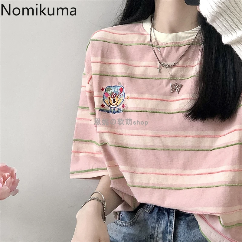 Cotton Y2k Tshirts for Women Bear Embroidery Short Sleeve O-neck Striped Tees Fashion Casual Summer T Shirts 2024 Ropa Mujer