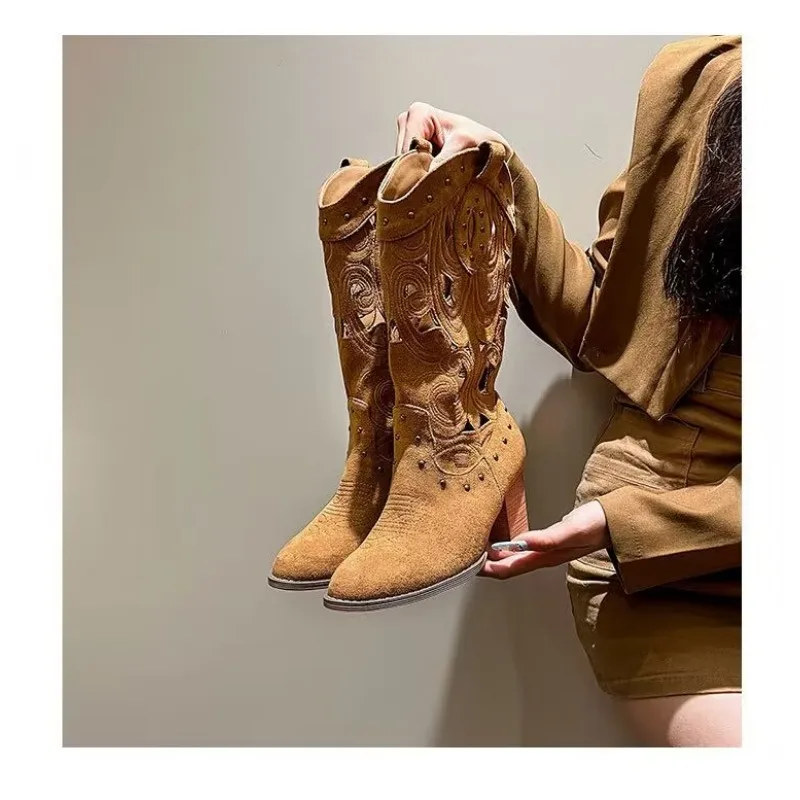 Hollow Embroidered Vintage Western Boots Women 2024 Autumn Chunky Heels Knee High Cowboy Boots Woman Pu Leather Knight Booties