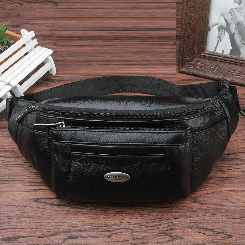 New Men Genuine Leather Fanny Waist Bag Travel Hip Belt Cell Phone Case Purse Single Back Pack Real Cowhide Sling Chest Day Pack