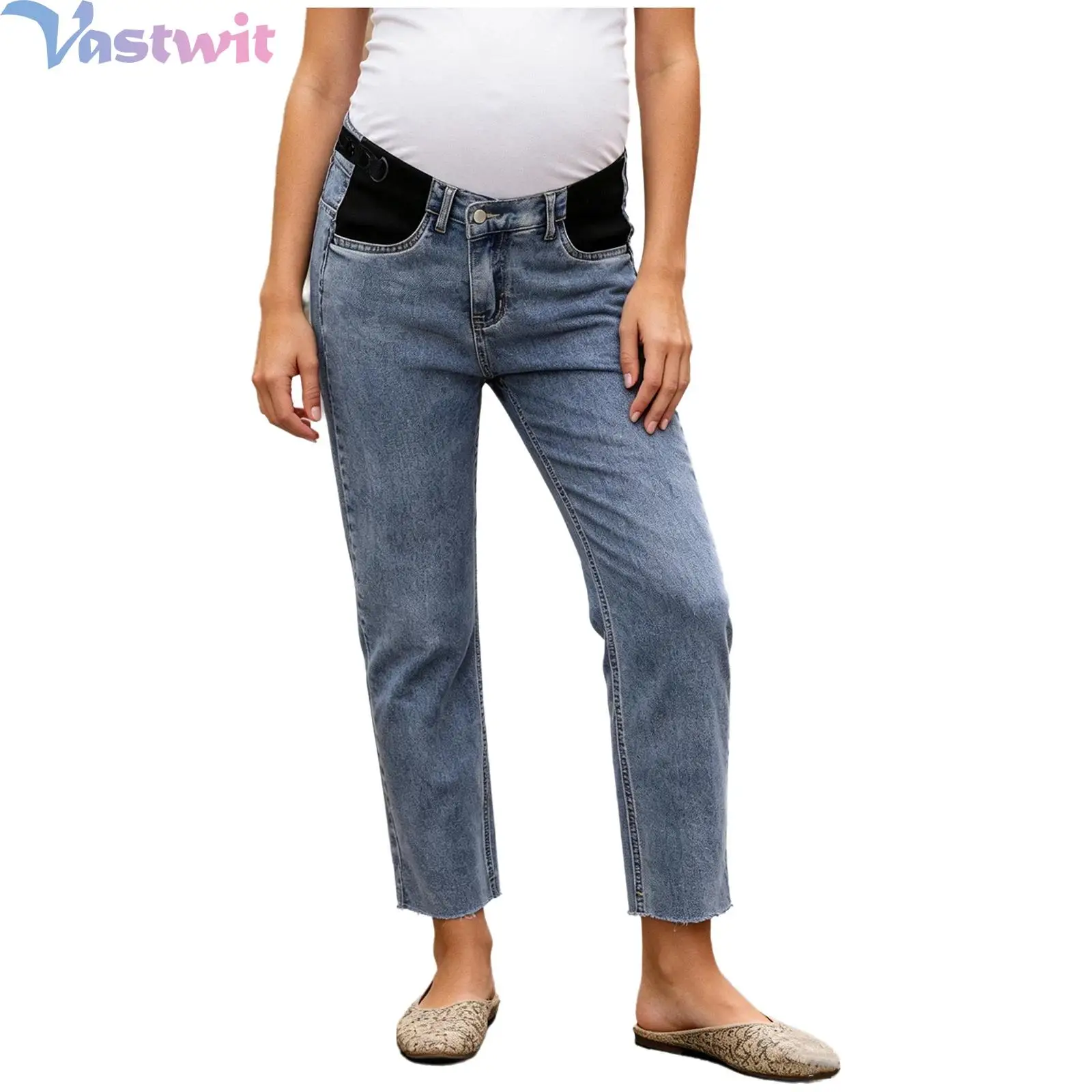 pregnant-womens-jeans-pants-early-pregnancy-adjustable-waistband-raw-hem-straight-leg-pants-for-casual-daily-life