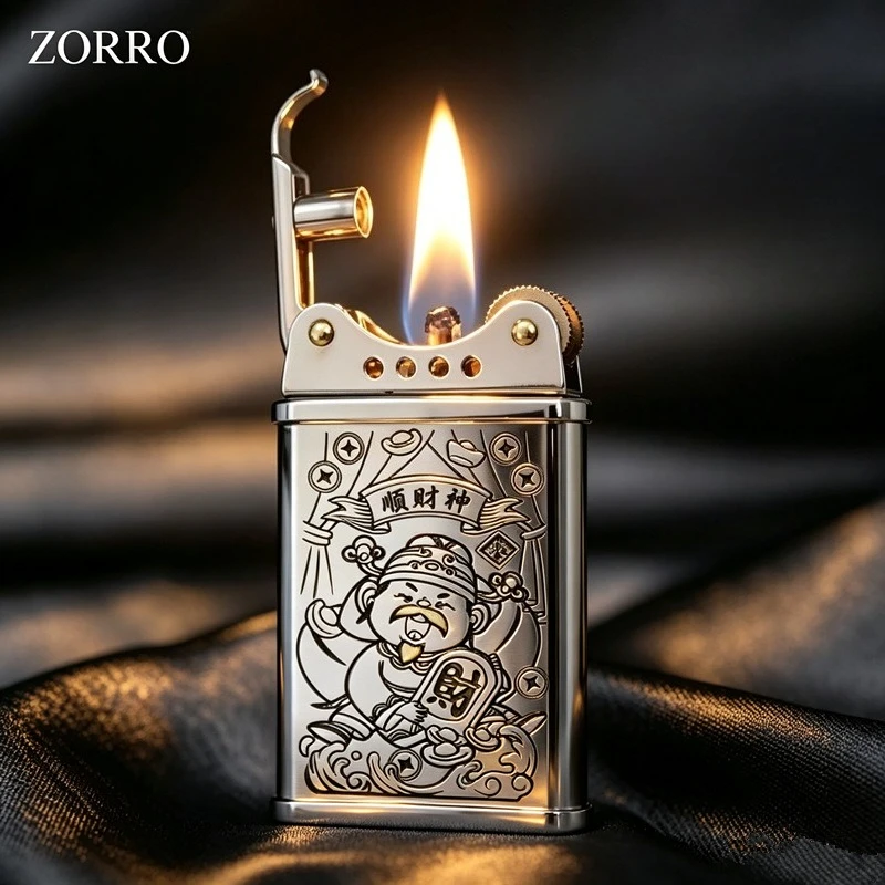 ZORRO's New Ultra-thin Kerosine Lighter,  National Trendy Brass Carved Pattern, Creative Light Luxury Men's Gift