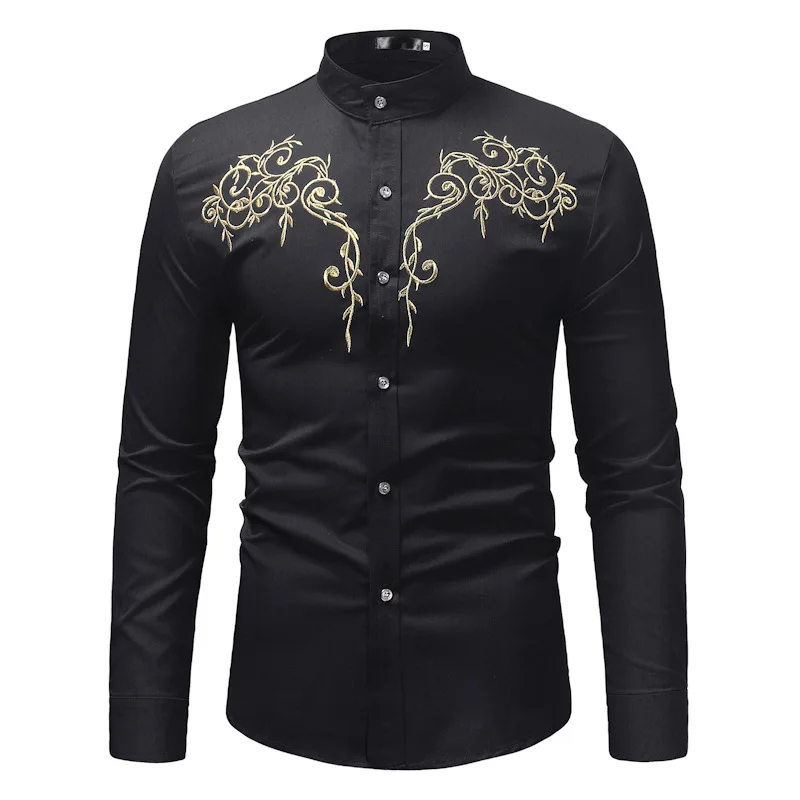 New Men Lapel Embroidered Shirt Black / White / Wine Red Fashion Male Business Social Wedding Prom Party Dress Tops