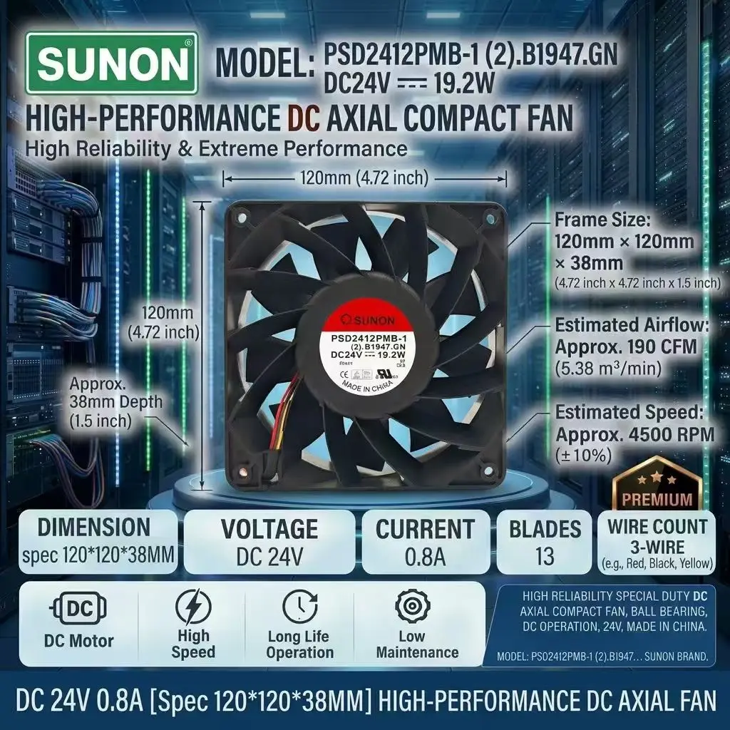 For SUNON PSD2412PMB-1 DC 24V 0.8A 19.2W 12038 120x120x38mm Ball Bearing 4500RPM 13-Blade 3-Wire Server Inverter Cooling Fan
