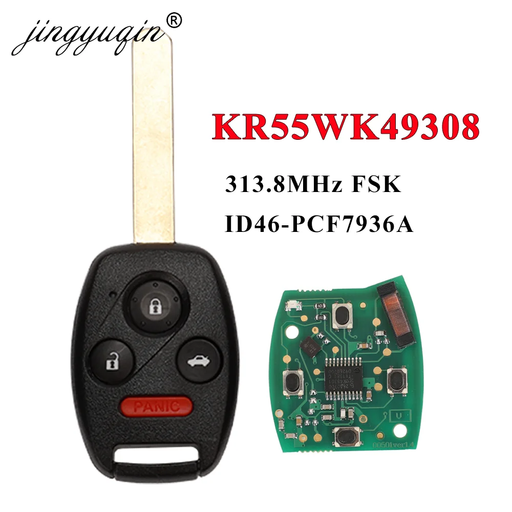 jingyuqin 2/3/4BTN 313.8 Mhz KR55WK49308 Remote Key For Honda Accord Sedan Pilot Civic CRV 2008-2012 Uncut Car Key Fob ID46 Chip