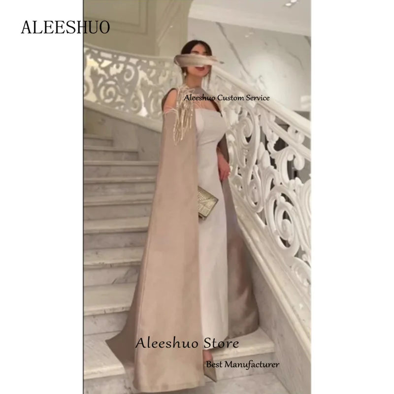 Aleeshuo Champagne Dubai Arabia Evening Dress Sleeveless Elegant Crystal Feathers Evening Gowns Strapless Simple Formal Party