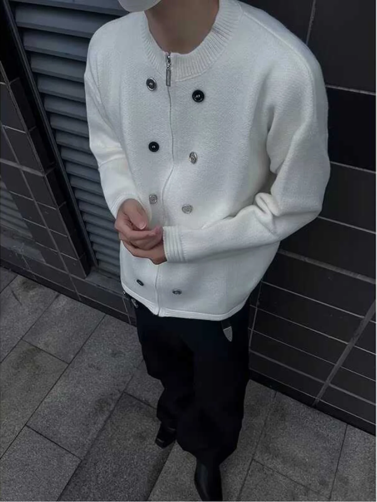 

Autumn Winter New Sle Men's Knitted Open Cardigan Loose Fit round Ne Double Button Casual Versatile Long Sve Top