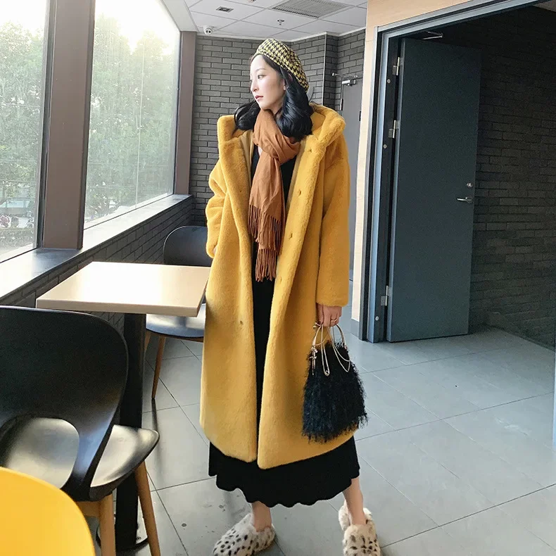 

Warm Luxury Belt Fur Parkas Furry Outerwear Women Thick Faux Fur Jacket Colorblock Autumn Winter Maxi Hooded Coat Long