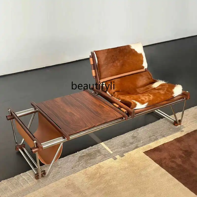 Light luxury stainless steel milk cowhide storage bench, combination edge, books and newspapers