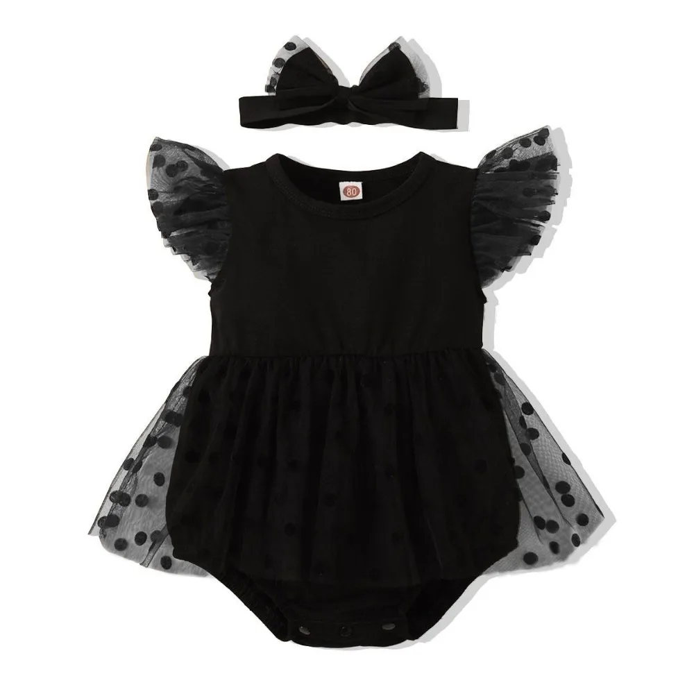 

Cotton Baby Girl Princess Dress Lace Mesh Bowknot Baby Girl Bodysuit Short Sleeve Sweet Infant Dress with Headband