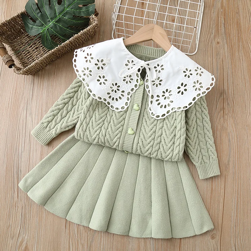 

Baby girl clothes autumn winter warm knitted girls sweater skirt suit college style knitted cardigan + pleated skirt 2-piece set