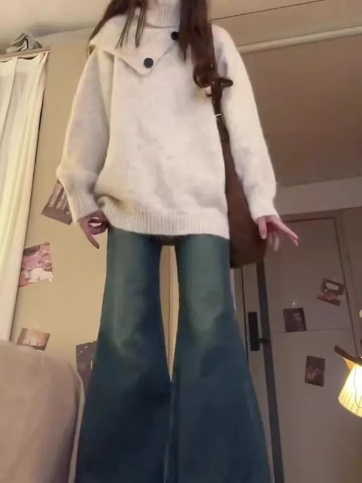 한국 고급 레이지 스타일 여성용 하이 칼라 스웨터 2025 가을 겨울 탈부착 가능한 스카프 니트웨어 탑 세트