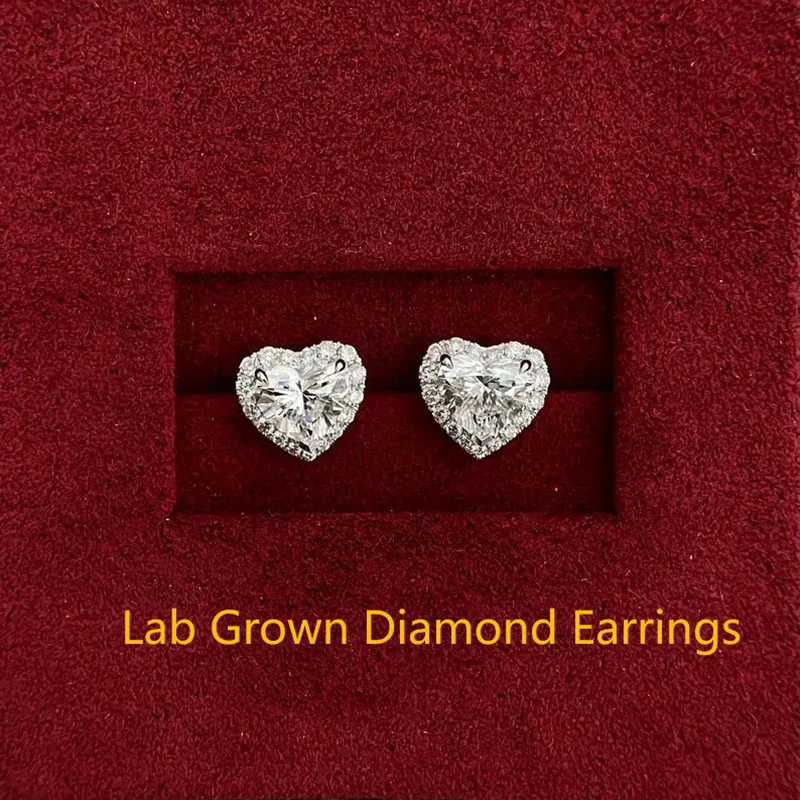 1Ct Each Main Stone Heart-Cut DEF VS-VVS Lab Grown Diamond IGI Certificate Halo Earring Platinum 950 Anniversay Gift For Her