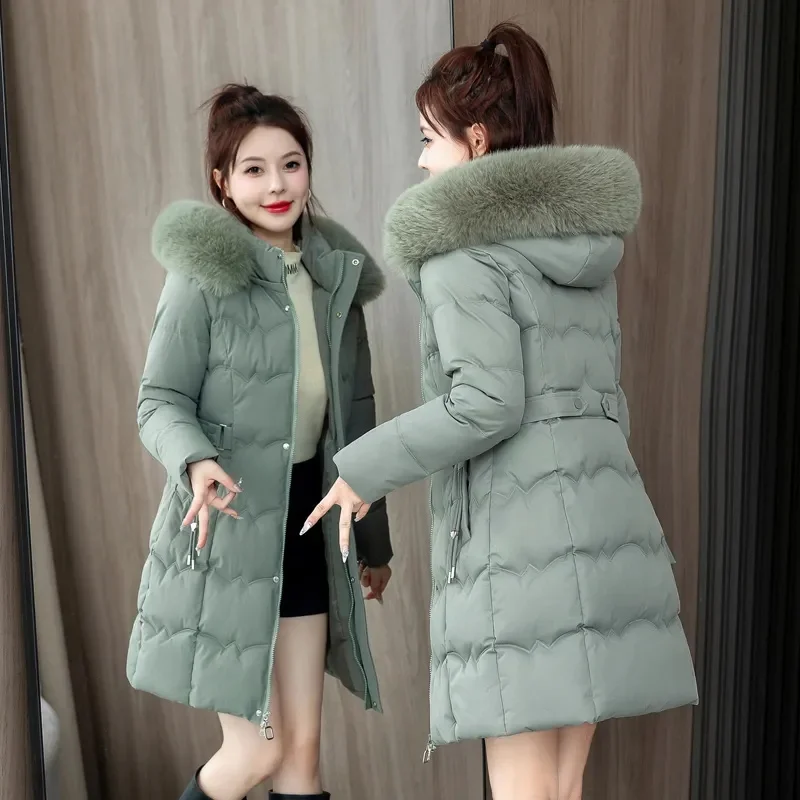 2024 New Winter Coat Women\'s Jacket Fur Neckline Long Basic Coats Thick Jackets Cotton Padded Outerwear Parkas Female Clothes