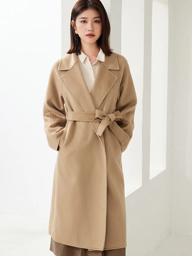 New Buckle-Free Long Women\'s Coat 10% Cashmere Double-Sided Woolen Coat Belt Waist-Tied 90% Wool Top Fall Winter Fashion