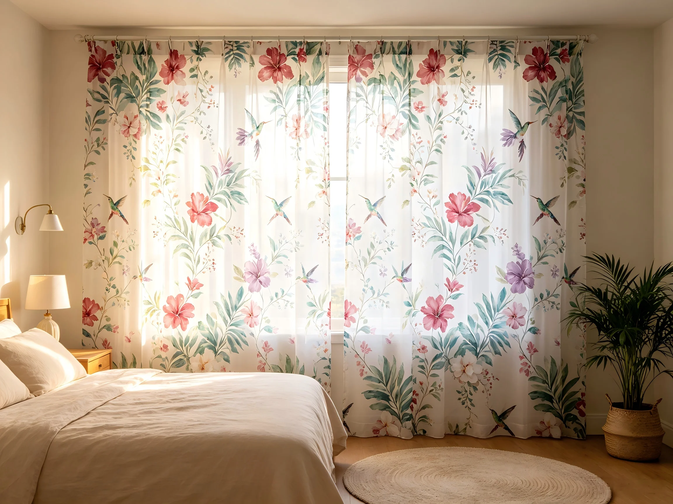 200135    Hummingbird Flower Chiffon Curtain