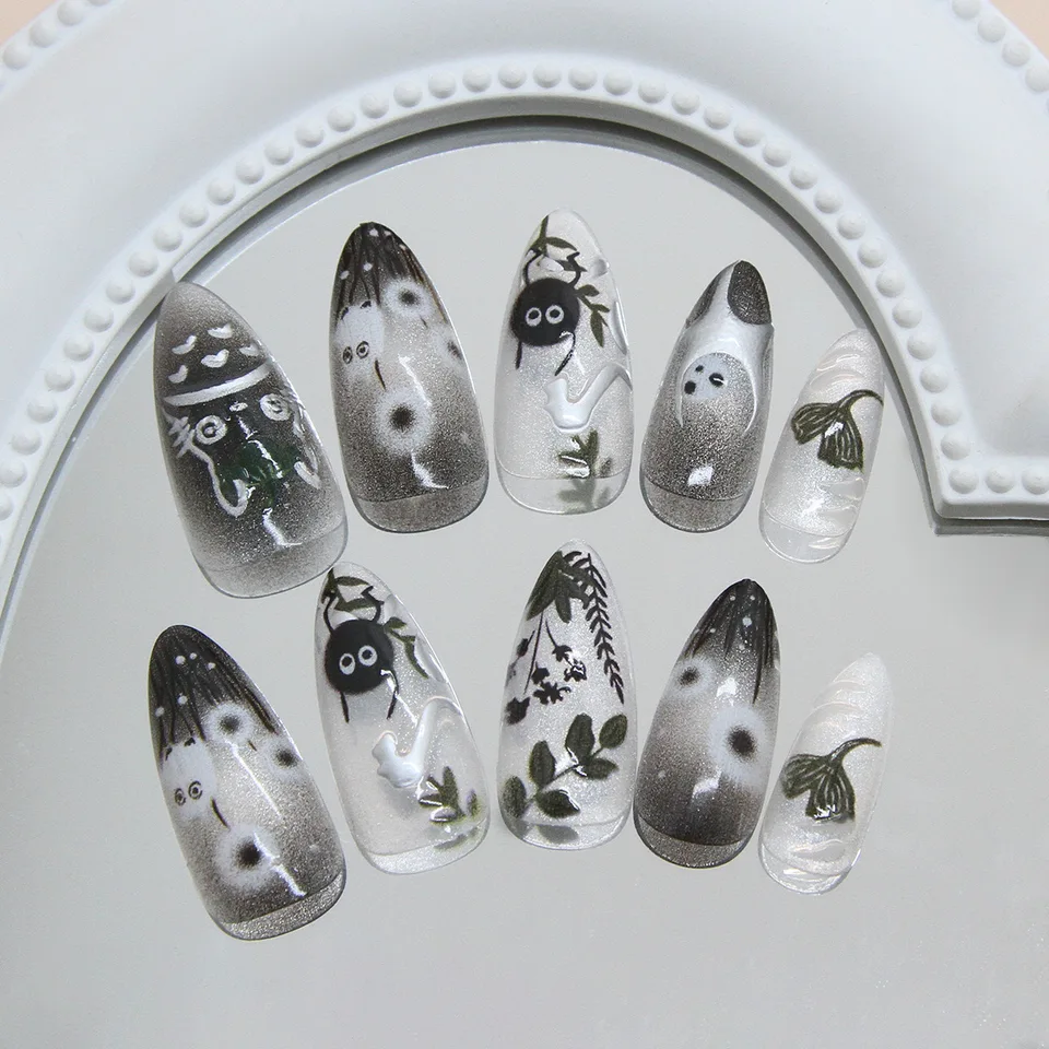24 uñas postizas con degradado negro, diseño de gato y hada del bosque, brillantes, almendradas 4