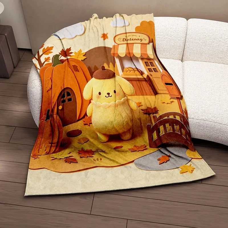 Pompompurin Flannel Blanket, 3D Cute Fall Harvest Puppy Print Fuzzy Throw Blanket, Soft Blanket For All Seasons Sofa Bedroom Use
