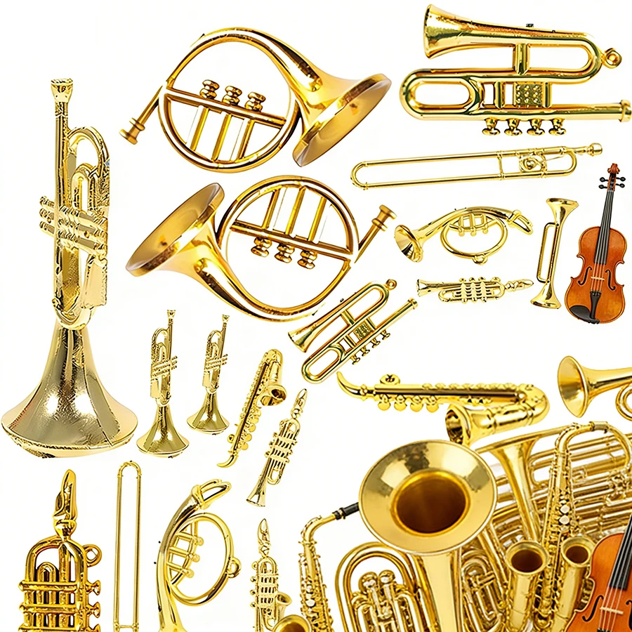 7/14pcs Mini Golden Musical Instrument Ornaments 2-7cm Miniature Guitar Violin Horn Saxophone Dollhouse Decor Desktop Display