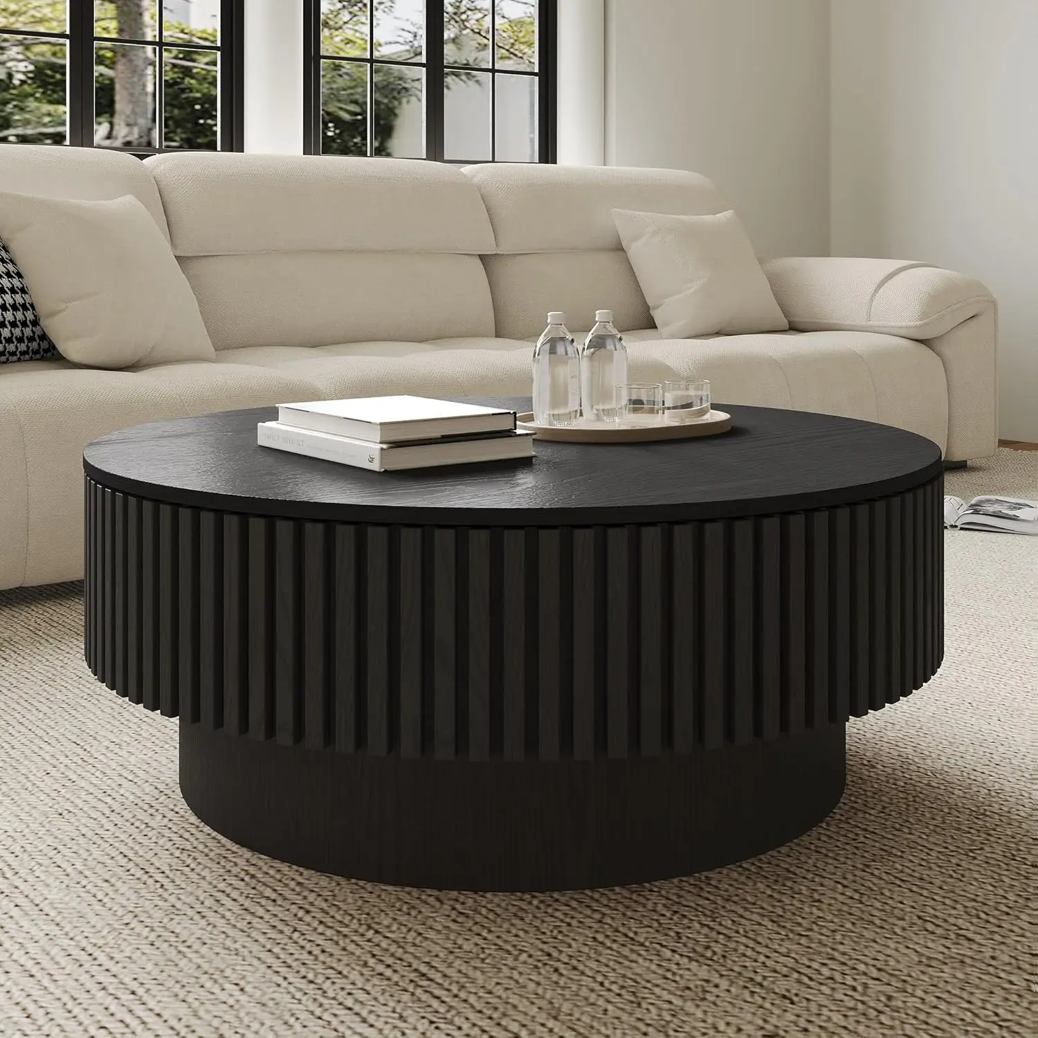 

Round Coffee Table with Storage, Modern Fluted Wood Coffee Tables with Sturdy Base, 31.5" Drum Circle Center Tea, Customized