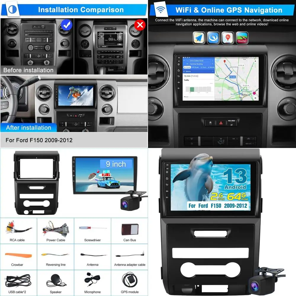 

Обновление автомобильного радио для Ford F150 2009 2010 2011 2012, Android 13 2 ГБ + 64 ГБ, 9 дюймов с беспроводным CarPlay/Android Auto GPS WiFi, WC,