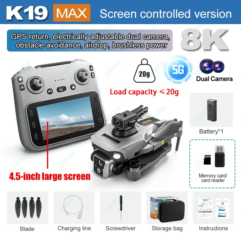 2025 K19 MAX Drone GPS Return With Screen Aerial Photography Aircraft Brushless Airdrop Remote Control Aircraft Quadcopter Toy