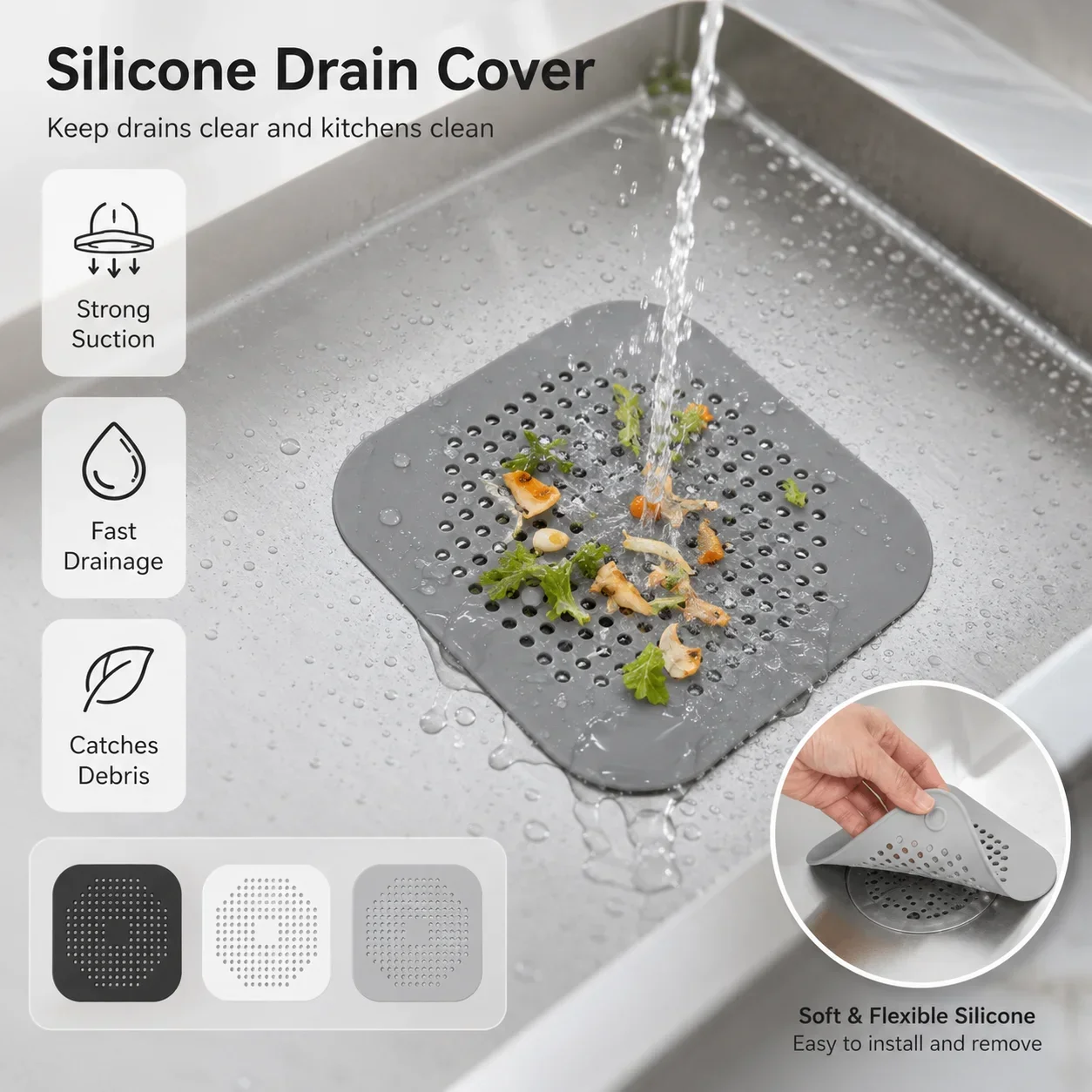 Silicone Suction Cup Drain Strainer, Kitchen Sink Hair Catcher Filter, Anti-Clog Bathroom Drain Cover