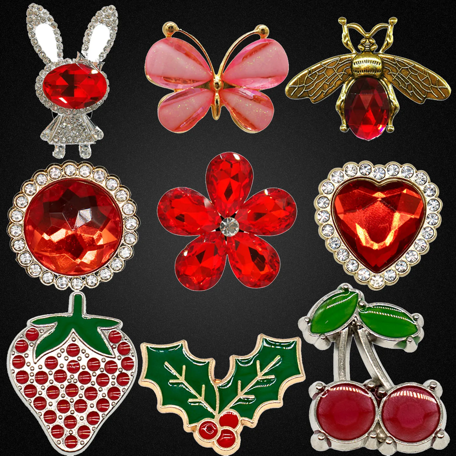 1/9PCS Bling Metal Shoe Charms Butterfly Rabbit Shoe Decorations Accessories Strawberry Cherry Red Sandal Pins For Women Girls