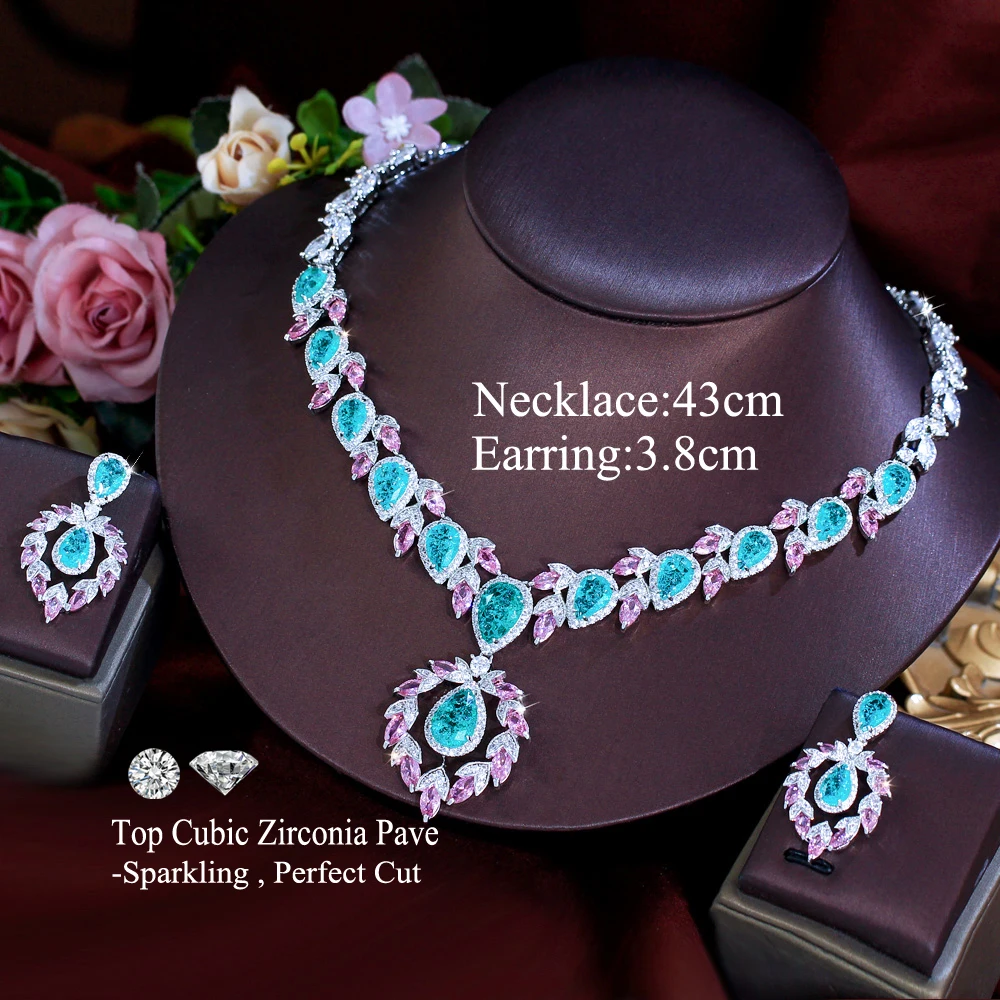 BeaQueen Brilliant Engagement Party Jewelry Sets for Women Big Green Pink Cubic Zirconia Tear Drop Necklace Earrings T0986
