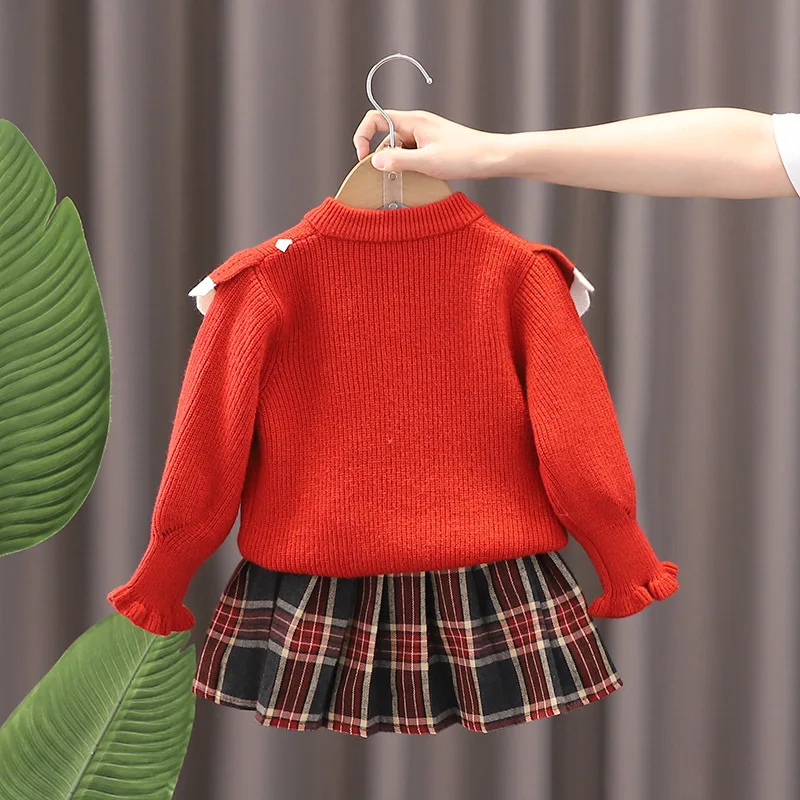 Autumn Winter Toddler Girl Two Piece Clothes Set Knotbow Red Sweater Cardigan Suit Knitted Plaid Pleated Skirts Baby Girl Outfit