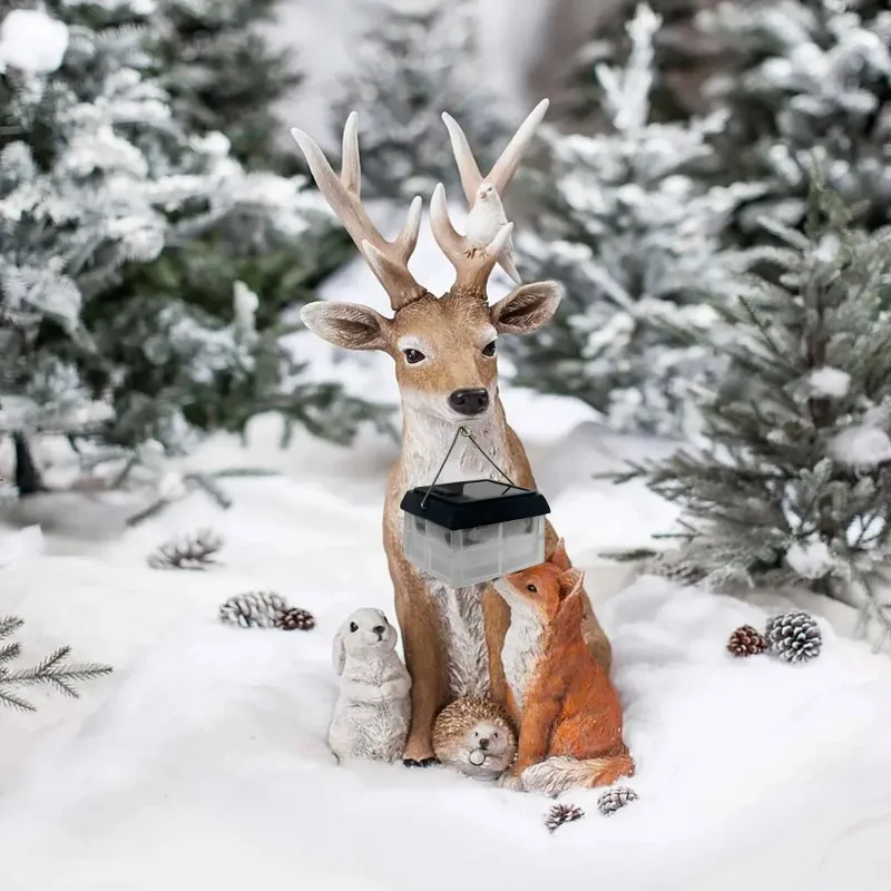 Garden Statues Solar Resin Deer Rabbit Hedgehog Wolf Figurine Yard Sculptures Christmas Ornaments Jardin Exterior Accessories