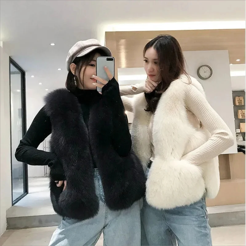 Winter Faux Fur Vest Women Korean Fashion High Quality Plush Waistcoat Ladies 2023 Elegant Sleeveless Faux Fox Fur Coat