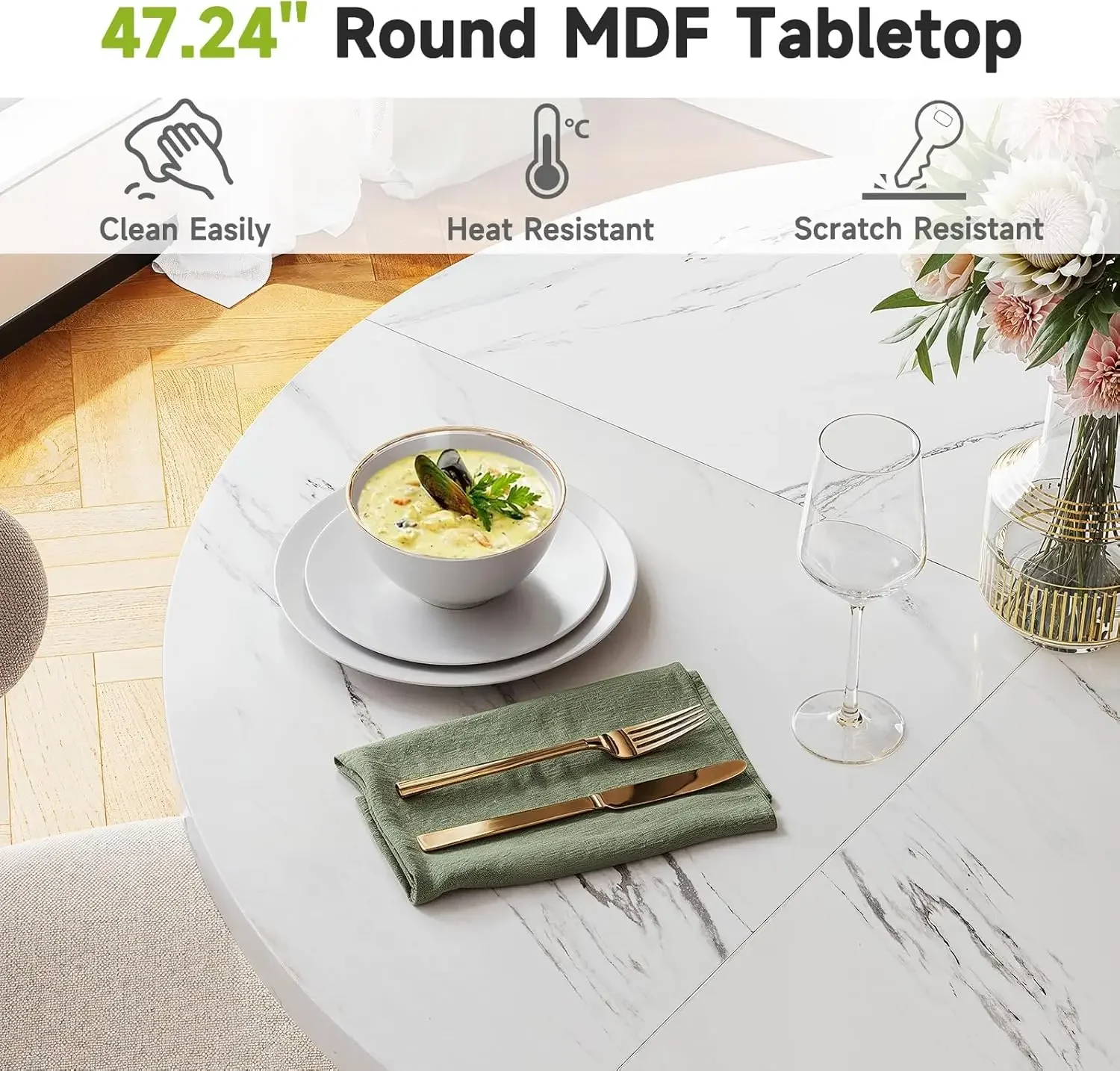 Mesa de comedor, mesa de cocina de 47,24 pulgadas para 4-6 personas, mesa de comedor de mármol sintético de madera con base dorada, círculo moderno pequeño