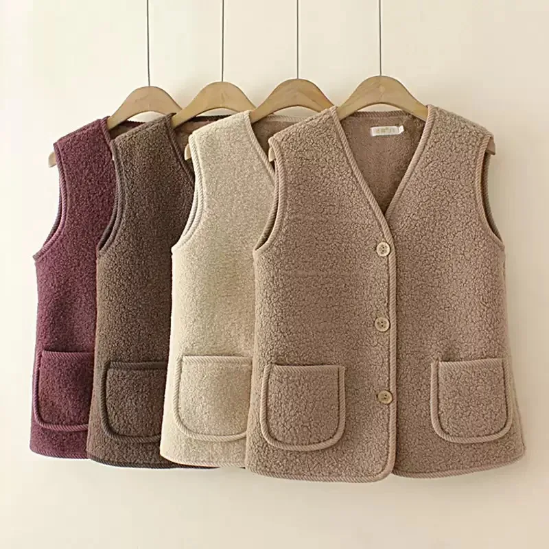 Autumn Winter Womens Fleece Waistcoat Lamb Fur Lined Thick Warm Sleeveless Top Middle Elderly Outerwear with Front Pockets